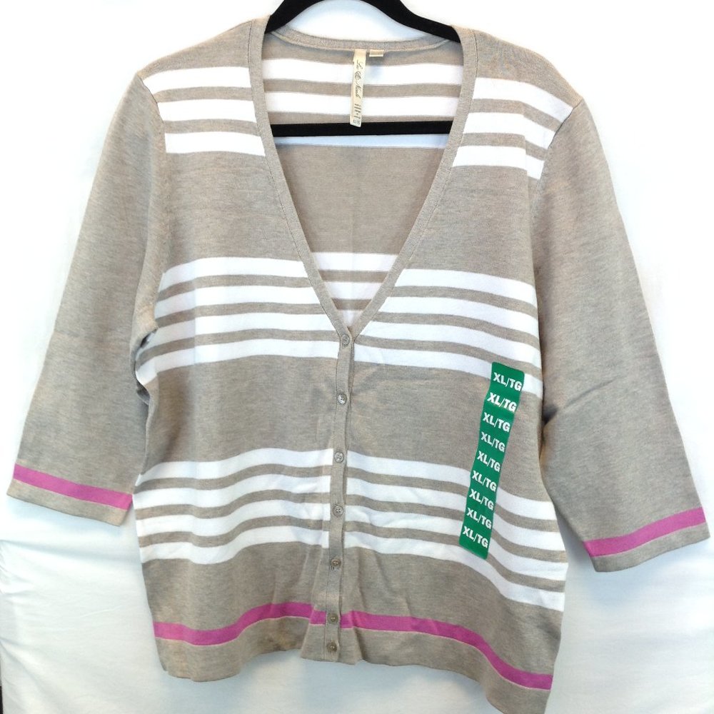 Leo & Nicole Striped Cardigan Sweater Beige/Pink/White